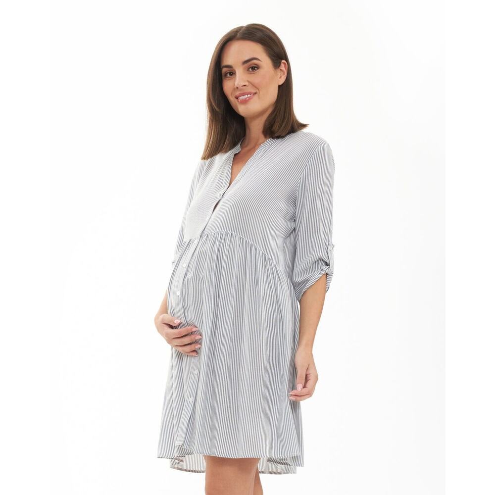 NWT Ripe Dress Womens Large Gray Sam Stripe Maternity Nursing Breathable Midi